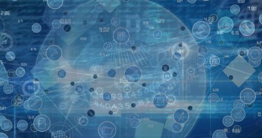 Dünya üzerindeki simgelerle bağlantı ağının resmi. Küresel bağlantılar, veri işleme ve dijital arayüz konsepti dijital olarak oluşturulmuş resim.