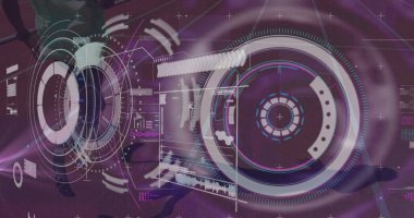 Engelli Afro-Amerikan erkek koşucunun veri işleme görüntüsü. Küresel spor ve dijital arayüz kavramı dijital olarak oluşturulmuş görüntü.