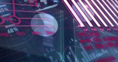 Siyah arka planda finansal veri işleme resmi. Küresel iş, finans ve dijital arayüz kavramı dijital olarak oluşturulmuş görüntü.