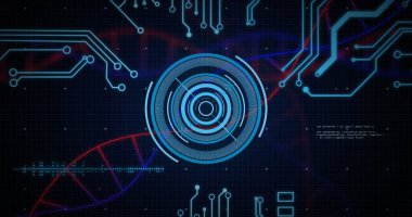 Karanlık arka planda tıbbi veri işleme resmi. Küresel tıp, teknoloji, veri işleme ve dijital arayüz kavramı dijital olarak oluşturuldu.