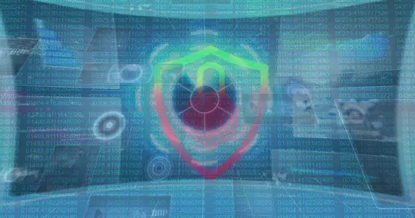 Dijital asma kilit görüntüsü ve mavi arkaplandaki veriler üzerinde numaralar. Veri işleme ve dijital güvenlik kavramı dijital olarak oluşturulmuş görüntü.