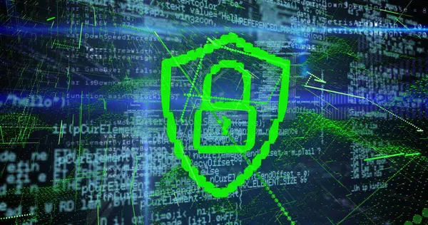 Siyah arkaplanda veri işleme ve dijital asma kilit görüntüsü. Dijital güvenlik, ağ ve teknoloji konsepti dijital olarak oluşturuldu.