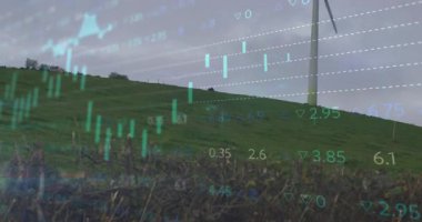 Türbin bıçakları dönerken ve enerji eğilimlerini görselleştirirken tepe kenarı başlangıç tablosu örtüldü. Yenilenebilir, sürdürülebilirlik, teknoloji, analitik, çevre, yenilik, sanayi