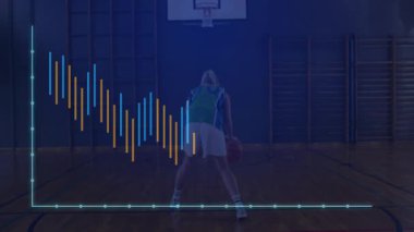 Spor analizi için sıçrama atışı sırasında 3 puanlık yay senkronizasyonu çizelgesinde kayan bayan sporcu. Spor, eğitim, görselleştirme, performans, fitness, hareket, motivasyon