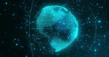 Bir saniyelik işaretten sonra dönen küre yörünge çizgilerini ortaya çıkarıyor ve simülasyonda şekilleri sürüklüyor. Fütürist, soyut, dijital, küresel, canlı, teknoloji, yenilik