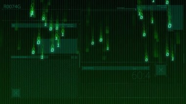 Yeşil arayüz çift kod akışları düşmeye başlıyor. Panelleri gizliyor ve sayısal değerleri kaydırıyor. Siber güvenlik, veri görselleştirme, dijital, fütüristik, teknoloji, soyut, arayüz