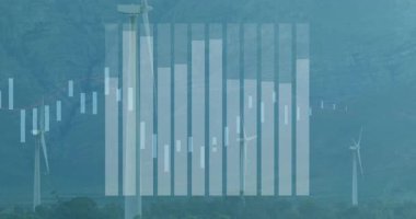 Rüzgâr tarlası ovasının üzerinde türbinler, yükselen ve inen parmaklıklar, izleme ölçümleri ile ortaya çıkıyor. Yenilenebilir, analitik, teknoloji, sürdürülebilirlik, soyut, dijital, çevre dostu