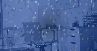 Çift haneli rakamlar ofis üzerinde sürüklenmeye başlıyor. Veri görselleştirmesi için sandalye masası bitkisini gizliyor. Teknoloji, yenilik, çalışma alanı, dijital, soyut, modern, üretkenlik