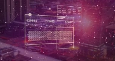 Bulanık şehir manzarası holografik panellerde kayboluyor ortaya çıkan ızgara ve analiz için güncellenen sayılar. Futuristik, dijital, arayüz, teknoloji, veri görselleştirme, yenilik, kentsel