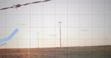 Gün batımında başlayan sayılar yükselen trend çizgileri, şebekede kesişen elektrik direği olarak kayıyor. Peyzaj, veri görselleştirme, minimalizm, teknoloji, analiz, kırsal, arayüz