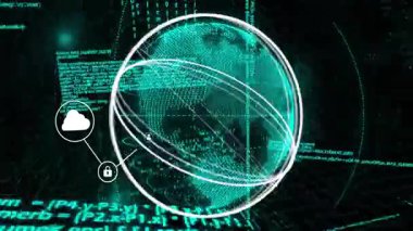 Ağ güvenliğini gösteren sekiz simgeyi birbirine bağlayan parlayan bir kablo küresi açılıyor. Teknoloji, siber güvenlik, veri, küresel, bağlantı, yenilik, dijital