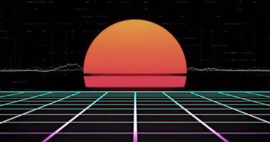 Görünmeyen ses sinyali neon ızgarada parlıyor, benekli dalga formu eğimli güneş arızası ile titreşiyor. Fütürist, siber punk, dinamik, enerjik, soyut, dijital, kinetik