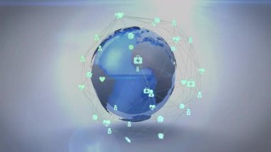 Başlangıçta, ağ oluşturan 3 boyutlu Dünya dönüyor ve küresel bağlantıyı gösteren sağlık simgeleri ortaya çıkıyor. Teknoloji, bağlantı, yenilik, dijital, küresel, sağlık, fütüristik