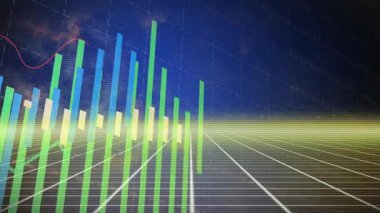 3 boyutlu veri çubukları büyüyor ve kırmızı çizgi dokuması takip eden başlangıçta kameralar eğilimleri gösteriyor. Futuristik, görselleştirme, analitik, dijital, soyut, teknoloji, yenilik