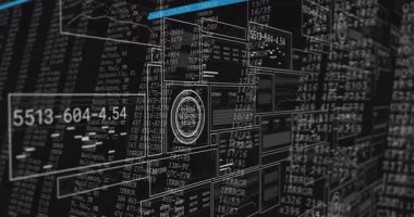 Soldan giren ışın beyaz kenarlı panel ızgarası boyunca taramaya başlıyor, sayısal değerler yenileniyor. Teknoloji, veri, analitik, siber güvenlik, dijital, bilgi, fütürist