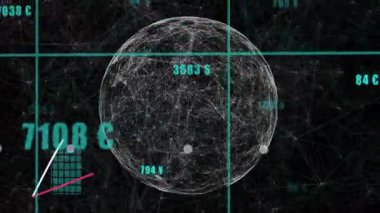 Zaman çizelgesinin ilerlemesi çubukların yükselmesine ve etiketlerin dünyanın dört bir yanında pazar verilerini temsil etmesine neden oluyor. Teknoloji, finans, veri görselleştirme, analitik, yenilik, dijital arayüz, fütüristik