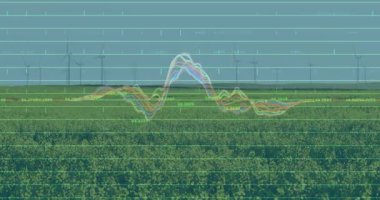 Fırlatıldıktan sonra, çok renkli dalga biçimi yükseliyor, rüzgar çıkışını gösteren ızgaralarda salınıyor. Sürdürülebilirlik, yenilenebilirlik, teknoloji, veri, manzara, enerji, yenilik