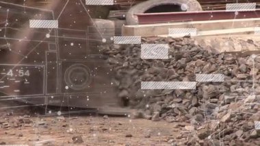 Statik yükleyici kovanın çakıl kepçeleme ve boşaltma ile HUD kaplamasını dengelemek için eğilmesinden sonra. İnşaat, makine, teknoloji, sanayi, dijital, manzara, ekipman