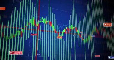 Kırmızı imleç başlangıç çizelgesi hareketli yeşil çubuklar ve pazar eğilimlerini göstermek için yüzen simgeler. Veri görselleştirme, finansal analiz, gösterge paneli tasarımı, dijital arayüz, eğilim analizi, sosyal katılım, dinamik hareket