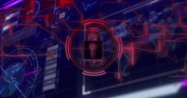 Veri güncellemesinde, kırmızı asma kilit darbesi, şebeke taramasıyla güncelleme. Teknoloji, siber güvenlik, veri güvenliği, dijital arayüz, ağ görselleştirme, yenilik, gelecekçi