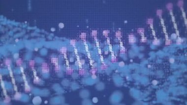 Başlangıçta pikselleştirilmiş sarmal dönen ve eğilen veri akışını titreşimli parçacıklar ile görselleştirirken. Gelecek, dijital, soyut, hareket, teknoloji, neon, dinamik