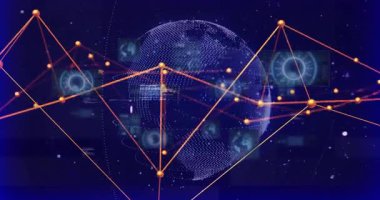 Koyu mavi alan üzerine noktalar yayar, üç boyutlu küre turuncu ağ oluşturur, veriyi görselleştirirken döner. Fütürist, dijital, ağ, teknoloji, yenilikçi, soyut, veri görselleştirme
