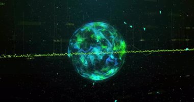 Başlangıçta, parmak izleri güvenlik taraması için oluşturulurken dijital küre dönüyor ve parıldıyor. Fütürist, siber, teknoloji, biyometrik, veri, soyut, dijital