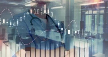 Animasyon finansal tabloları titriyor, tıbbi önlüklü doktor verileri analiz etmek için öne çıkıyor. Kurumsal, analitik, profesyonel, geleceksel, sağlık, soruşturma, teknoloji