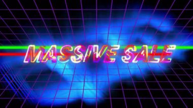 Sönen neon ızgarası ve mavi parıltı başlayan MASSIVE Satışı ortaya çıkan kayan RGB şerit tanıtımı. Fütürist, dijital, holografik, canlı, enerjik, dinamik, teknoloji