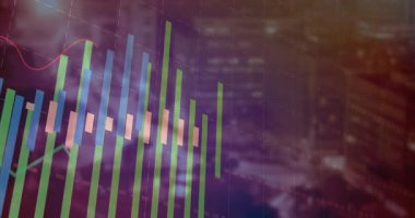 Parmaklıklar soldan giriyor ve piyasa eğilimlerini görselleştirmek için kırmızı trend çizgisi ile dalgalanıyor. Finansal, veri, modern, dijital, teknoloji, analitik, hareket