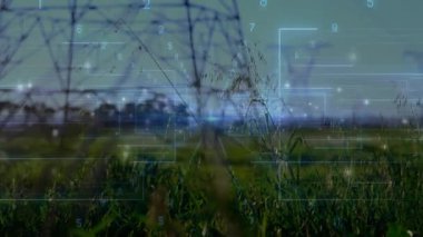 Dijital şebeke izleme verilerini kapladığında, çelik kuleler enerji akışını görselleştiren salınımlar yapar. Teknoloji, altyapı, sürdürülebilirlik, görselleştirme, enerji, veri, mühendislik