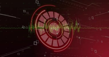 Yörüngedeki kareler sinyal değişimlerini gösterirken HUD dönen ve titreşen yeşil dalga formu ortaya çıkıyor. Gelecek, dijital, teknoloji, arayüz, soyut, dinamik, siber