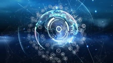 Başlangıçta dijital küre titreşen HUD halkalarıyla cisimleşiyor. Yörüngedeki veri simgeleri ağı görselleştiriyor. Holografik, geleceksel, siber, teknoloji, görselleştirme, soyutlama, veri