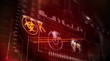 Çubukları taşımaya başlayın, biyolojik tehlike simgesi HUD 'a bağlanıyor, EBK' yı EMERGENCY alarmına genişletiyor. Siber güvenlik, veri görselleştirme, uyarı, dijital arayüz, alarm sistemi, teknoloji, yenilik