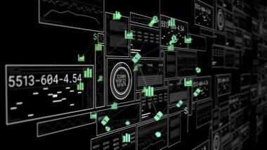 Yeşil simgeler görünür, çerçeveleri birbirine bağlar, sayaçları günceller, kamerayı çevirir, veri ağını görselleştirir. Futuristik, teknoloji, dijital, soyut, veri, analitik, sanal