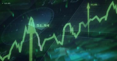 Şebeke üzerinde yükselen yeşil çizelge, dikenli oklar, kaybolan etiketler, dönen radar, yukarı doğru yerleşen. Finans, veri görselleştirme, analitik, teknoloji, yatırım, dijital, fütürist