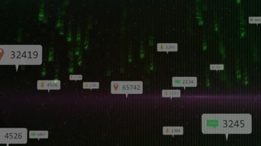 Başlangıçta, üst üste binen yeşil kod arasında sürüklenen veri etiketleri, güncellenen görünümü tararken morumsu ışınlar oluşturur. Siber güvenlik, veri görselleştirme, dijital arayüz, fütüristik, teknoloji, ağ, bilgi akışı