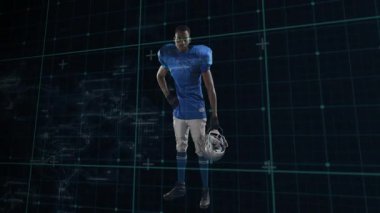 Kask takan futbolcu ve hareketli duruş sergiliyor, başlama vuruşu için deniz mavisi ızgarasında selam veriyor. Sporcu, spor, dijital, gelecekçi, disiplin, güç, hareket