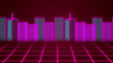 Neon şebekesi ve ufuk çizgisi arıza çizgilerinden önce parlıyor çarpıtma sahnesi ve şehir manzarası yenileniyor. Siber uzay, fütürizm, dijital, soyut, canlı, teknolojik, dalgın