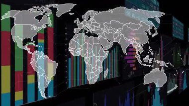 Zamanda ilerleyen haritada haritalar, animasyonlar ve küresel ölçümleri güncelleyen paneller var. Veri, görselleştirme, analitik, ön panel, uluslararası, dijital, teknoloji