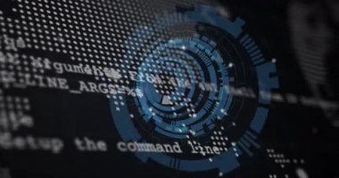 Yarı saydam mavi HUD grafik titreşim ve dönen yumurtlama halkaları birleşerek ve veri akışını görselleştirir. Fütürist, teknoloji, dijital, arayüz, görselleştirme, siber, soyut