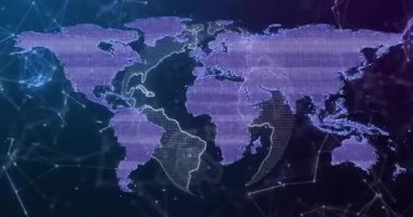 Ağlı dünya haritası açılıyor soluyor ve Amerika 'nın doğusunu tarıyor sonra da çözülüyor. Teknoloji, bağlantı, dijital, siber alan, fütüristik, ağ, küresel