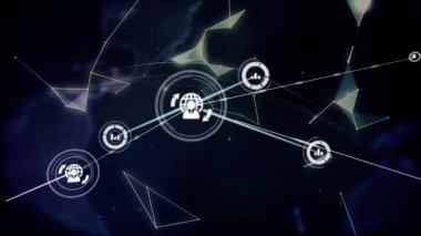 Merkezi merkez beliriyor, düğümlere ışınlar yolluyor, elleri örtüyor, dünyayı döndürüyor, ağı görselleştiriyor. Teknoloji, bağlantı, dijital, veri, yenilik, ağ, siber uzay