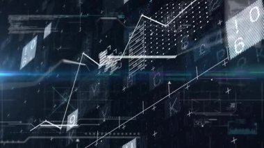 Gerçek zamanlı veri gösterimi için yüzen arayüz animasyonu, grafik daldırma blok kümesine neden olur. Futuristik, dijital, teknoloji, analitik, arayüz, veri görselleştirme, kentsel