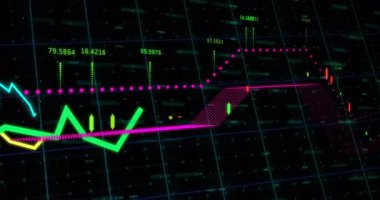 Karanlık şebeke çerçeveyi dolduruyor neon hatlarını başlatıyor ve çok serili ticaret şeması oluşturuyor. Veri görselleştirme, analitik, finansal tablo, dijital arayüz, neon estetik, fütüristik, nabız