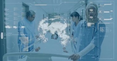 Tıbbi ekip sedyeyi koridora itiyor, 3 boyutlu küre hastayı tarama halkasına dönüştürüyor. Sağlık, takım çalışması, yenilik, teknoloji, hastane, klinik, tıbbi ekipman