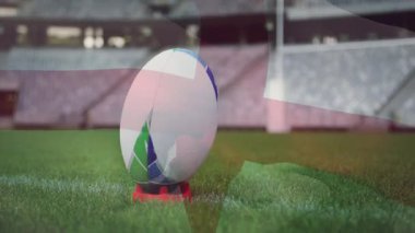 Kızıl haç soldan ragbi topuna düşüyor ve sağı süpürüyor. İngiltere 'nin desteğini temsil ediyor. Spor, stadyum, saha sporu, yarışma, atletizm, açık hava, takım