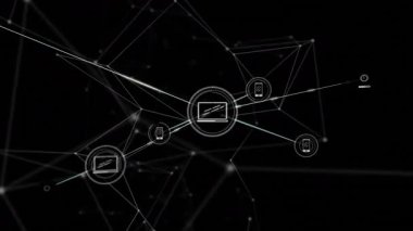 Tek bir dairesel düğüm telefonu tetikliyor, dizüstü bilgisayar simgeleri karmaşık dijital ağlara ayrılıyor. Teknoloji, bağlantı, siber ağ, dijital altyapı, yenilik, veri görselleştirme, fütürist