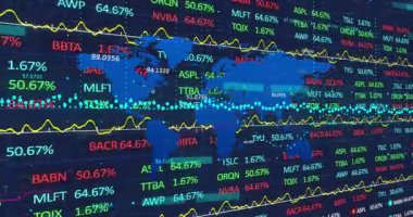 Analiz için değerleri güncelleyen borsa saatleriyle birlikte dünya haritasını göstermeye başlarken. Finans, yatırım, veri görselleştirme, teknoloji, analitik, ticaret, iş