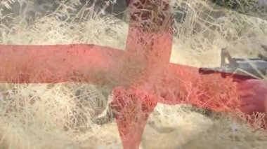 Kızıl haç altındaki çimlerin üzerinde dönen kamera, askeri askerin tüfeği kaldırdığını ve hedefi hedef aldığını gösteriyor. Ordu, savaş, taktik, silah, savaş alanı, strateji, eğitim